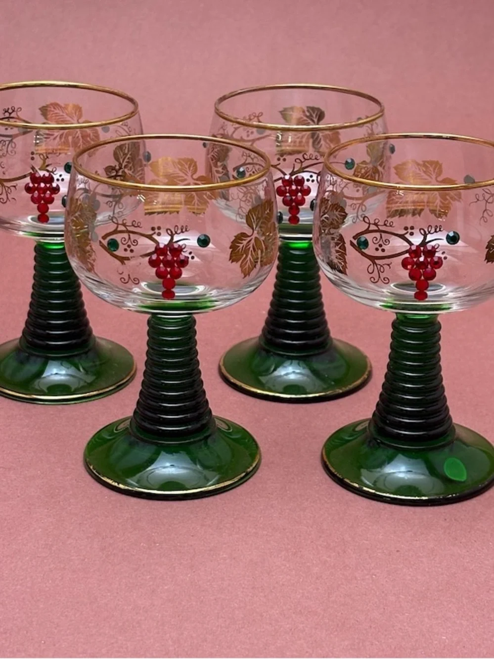 Vintage German Set of 4 Romer Wine Glasses Swarovski Crystal and Gold Leaf Grape